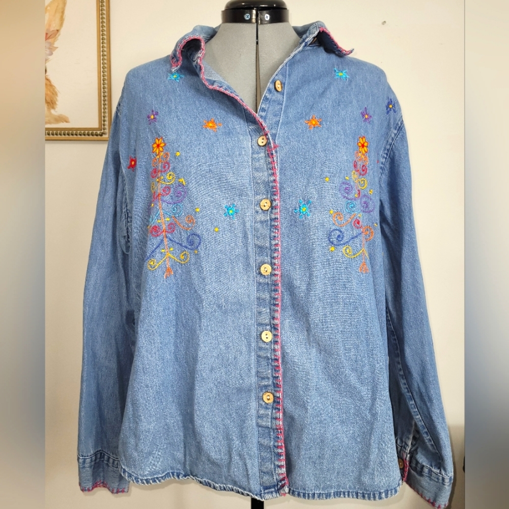 New Direction Vintage Embroidered Long Sleeve Button Down Denim Shirt Size XL